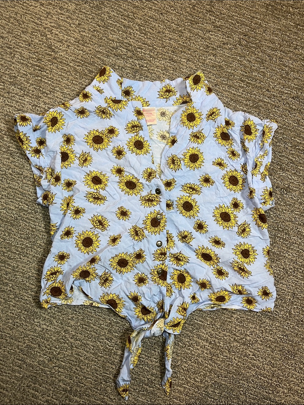 No Boundaries Sunflower Button-Up Crop Top in Light Blue & Yellow